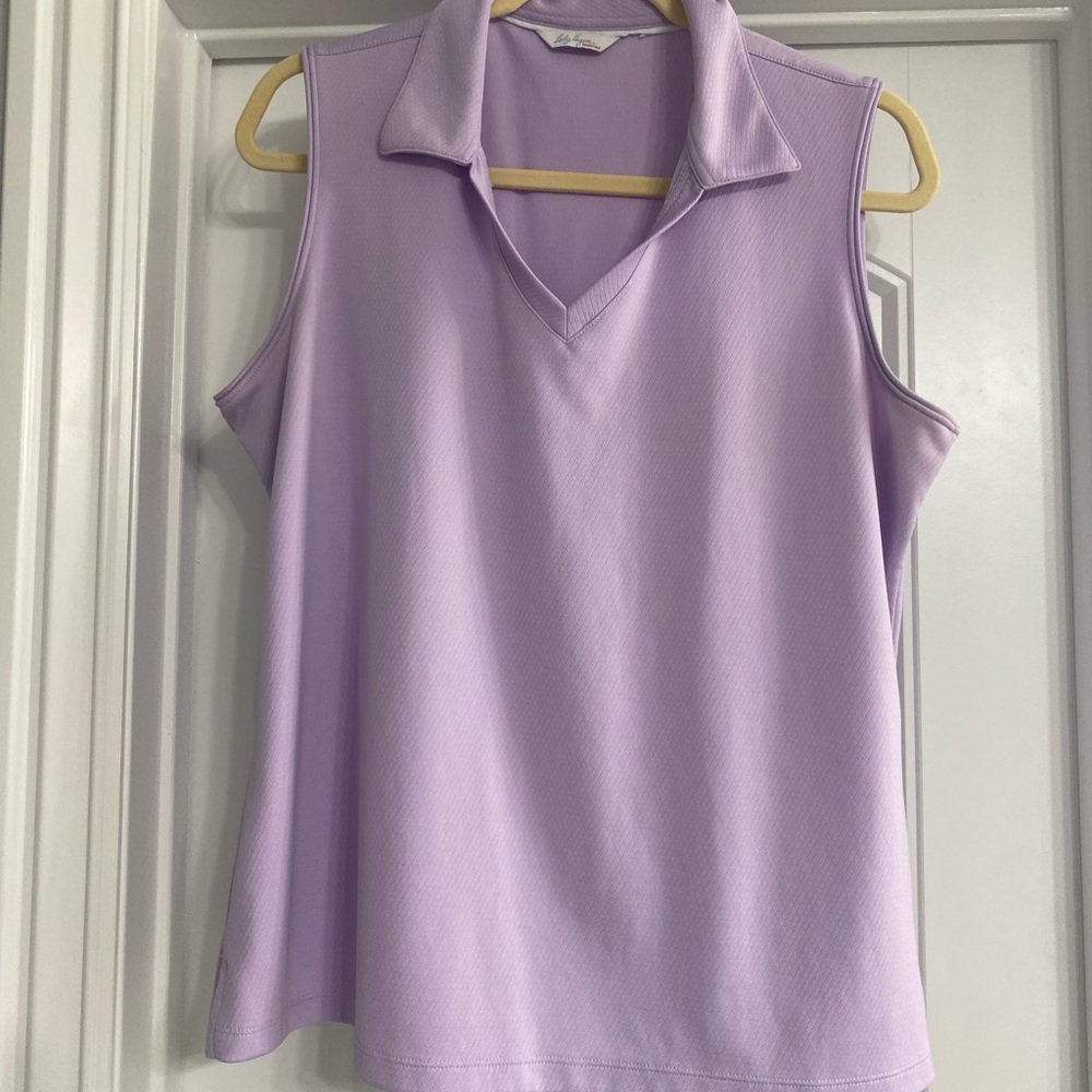 Lavender Lady Hagen golf shirt.
